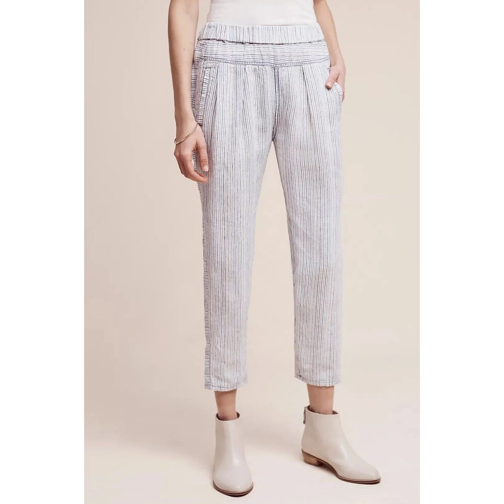 Anthropologie Small Pants Hei Hei Francois Linen Cropped Blue White Stripe Women